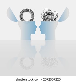 Dos cabezas de una persona con la mentalidad opuesta. concepto de caos y orden en los pensamientos. ilustración vectorial plana aislada en fondo azul