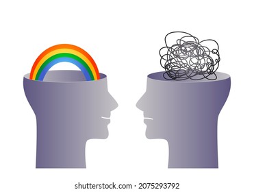 Dos cabezas de una persona con la mentalidad opuesta. concepto de caos y orden en los pensamientos. ilustración vectorial plana aislada en fondo azul