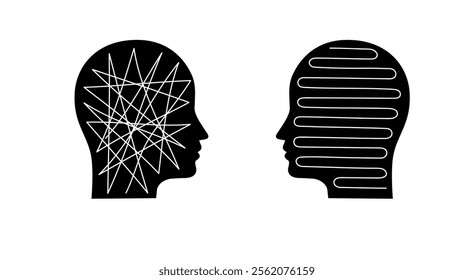 Two heads of a person with the opposite mindset. concept of chaos and order in thoughts.