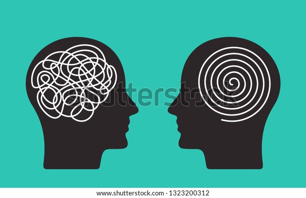 Two heads of a person with the opposite\
mindset. concept of chaos and order in thoughts. flat vector\
illustration isolated on blue\
background