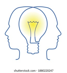 Two heads in profile form a light bulb. Idea concept. Vector illustration.