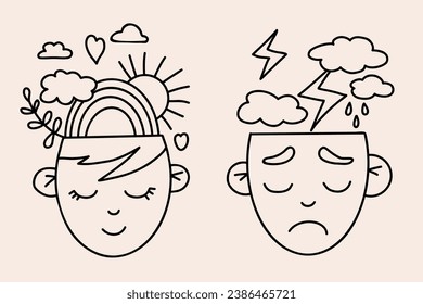 Two heads with sad and happy face expressing mental and psychological health. In one is bad weather, clouds, lightning. In another sun and rainbow. Vector illustration. Linear hand drawn doodle.