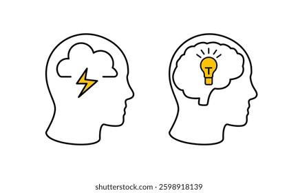 Two heads show ideas. first has cloud, lightning; second light bulb inside outline brain.