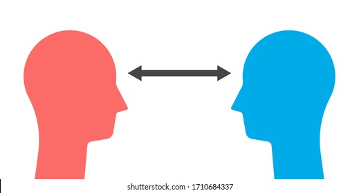 Two heads silhouettes with arrow or dimension line. Social distancing, coronavirus pandemic, visual contact, look, communication concept. EPS 8 vector illustration, no transparency, no gradients