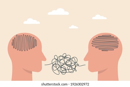 Two heads think differently. Different thinking. Misunderstanding and gossip concept. People talking nonsense speech. Vector illustration 