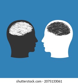 Two Heads Think Differently. Different Thinking. Misunderstanding, Chaos And Confusion In Thoughts. Psychology Of Communication. Vector Illustration