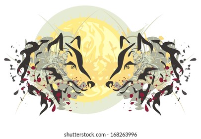 Two heads of a wolf and sun