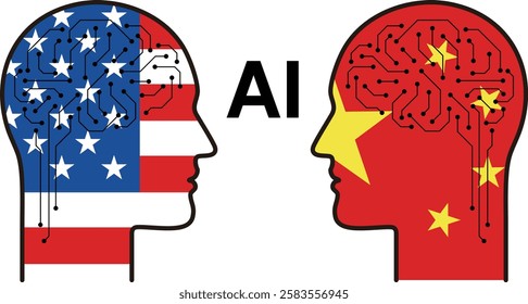 Two heads with the word AI in the middle, USA and China flag