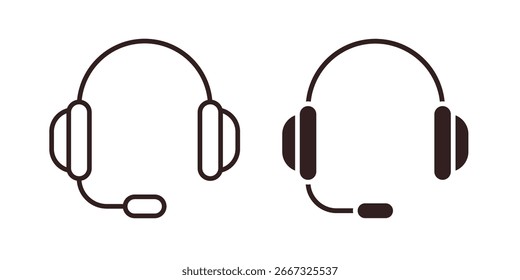 Dos iconos de auriculares, uno en el arte de línea y uno lleno, aislado en blanco. Perfecto para conceptos de comunicación, Asistencia o tecnología.