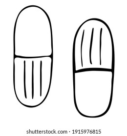 Two healing capsules, hand-drawn in a doodle style. Two pills - outline drawing with a transparent background inside the drawing, medical theme