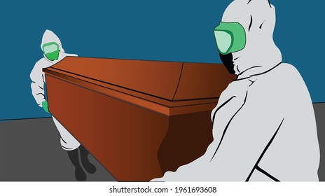 two health workers are lifting the coffin of a corona virus victim. Coffin and cremation of bodies. A medical suit for a pandemic. 