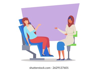 Two healthcare professionals engaged in conversation about patient well-being. Patient seated and attentive, while doctor gesturing to share insights during their interaction