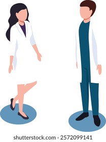 Two healthcare professionals, a female doctor and a male doctor, are depicted standing on separate blue circles, possibly representing designated areas or social distancing