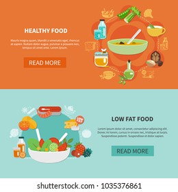 Two healthy eating banner set with law fat food headline and read more buttons vector illustration