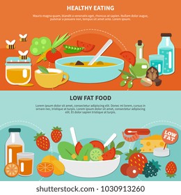 Two healthy eating flat banner set with drink and food made from vegetables and fruits vector illustration
