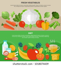 Two healthy eating flat composition set with diet and fresh vegetables descriptions vector illustration