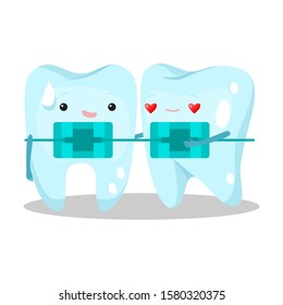 Two healthy teeth standing with patches on bodies vector illustration