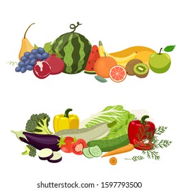 Two heaps of vegetables and fruits isolated on white background. Vector graphics.