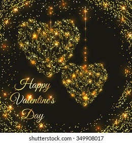 Two Hearst from Flowers with glitter. Vector golden background. Floral romantic illustration. Valentines Day.