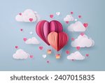 Two heart balloons floating among clouds and mini hearts in a calm pastel paper cut sky scene.