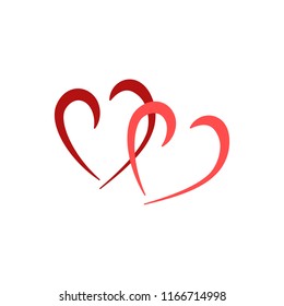 Two heart card. Isolated mark on white background. Symbol linked, join, love, passion and wedding. Template for t shirt, apparel, card, poster, valentine day. Design element. Vector illustration