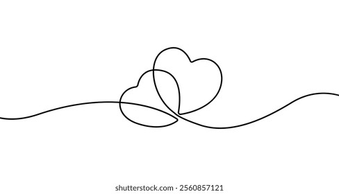 Two Heart Continuous One Line Drawing in Trendy Minimalist Contour Style. Abstract Vector Illustration for Valentine`s Day. Love Symbol One Line Template for Holiday Design.