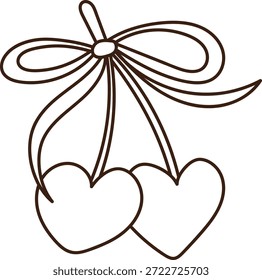 Two heart fruit hang as a pair on curved stem tied with a bow, drawn as clean line art. Symbol of love, romance, couple bond, and unity for wedding or valentine decor. Cartoon vector illustration.