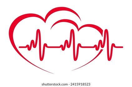 Dos corazón, latido en un latido, pulso una línea, signo cardiograma, sentimientos mutuos - vector de stock