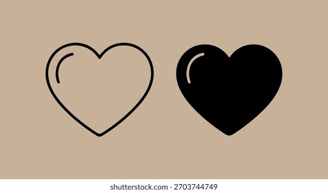 Zwei Herzsymbole, eine umrissene und eine solide schwarze, nebeneinander auf strukturiertem beigem Hintergrund dargestellt.