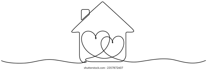 Two heart inside house continuous one line drawn. Love family home concept. Vector illustration isolated on white.
