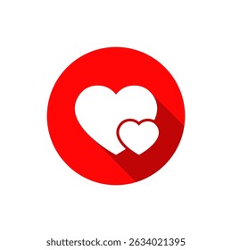 Two heart, love icon with long shadow. Romantic couple sign symbol