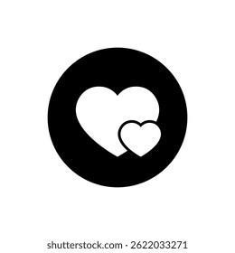 Two heart, love icon on black circle. Couple, romantic sign symbol