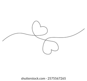 Two heart and love sign. One continuous line drawing of love icon. Symbol of Valentine day and romantic moment. Editable stroke. Doodle line illustration