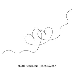 Two heart and love sign. One continuous line drawing of love icon. Symbol of Valentine day and romantic moment. Editable stroke. Doodle line illustration