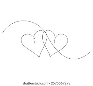 Two heart and love sign. One continuous line drawing of love icon. Symbol of Valentine day and romantic moment. Editable stroke. Doodle line illustration