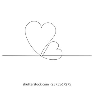 Two heart and love sign. One continuous line drawing of love icon. Symbol of Valentine day and romantic moment. Editable stroke. Doodle line illustration