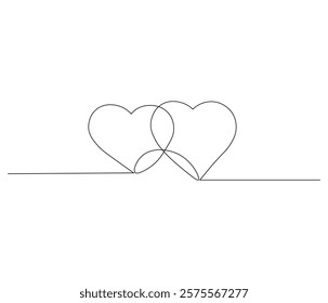 Two heart and love sign. One continuous line drawing of love icon. Symbol of Valentine day and romantic moment. Editable stroke. Doodle line illustration