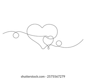 Two heart and love sign. One continuous line drawing of love icon. Symbol of Valentine day and romantic moment. Editable stroke. Doodle line illustration