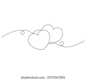 Two heart and love sign. One continuous line drawing of love icon. Symbol of Valentine day and romantic moment. Editable stroke. Doodle line illustration