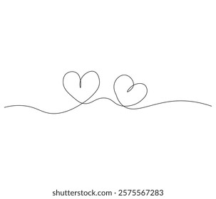 Two heart and love sign. One continuous line drawing of love icon. Symbol of Valentine day and romantic moment. Editable stroke. Doodle line illustration