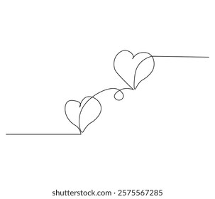 Two heart and love sign. One continuous line drawing of love icon. Symbol of Valentine day and romantic moment. Editable stroke. Doodle line illustration