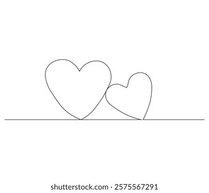 Two heart and love sign. One continuous line drawing of love icon. Symbol of Valentine day and romantic moment. Editable stroke. Doodle line illustration