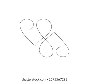 Two heart and love sign. One continuous line drawing of love icon. Symbol of Valentine day and romantic moment. Editable stroke. Doodle line illustration