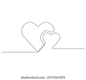 Two heart and love sign. One continuous line drawing of love icon. Symbol of Valentine day and romantic moment. Editable stroke. Doodle line illustration