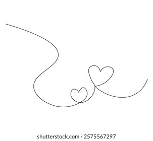 Two heart and love sign. One continuous line drawing of love icon. Symbol of Valentine day and romantic moment. Editable stroke. Doodle line illustration