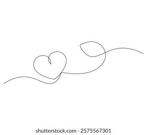 Two heart and love sign. One continuous line drawing of love icon. Symbol of Valentine day and romantic moment. Editable stroke. Doodle line illustration