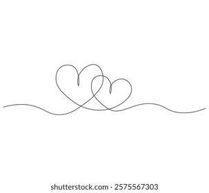 Two heart and love sign. One continuous line drawing of love icon. Symbol of Valentine day and romantic moment. Editable stroke. Doodle line illustration