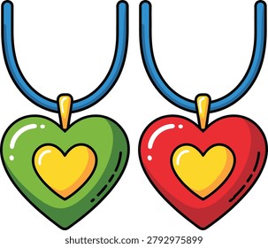 Two heart pendants, one green, one red, with yellow centers and blue necklaces keywords: heart
