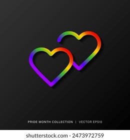 Two heart rainbow icon, pride month theme, LGBT gay couple concept, vector design isolated on dark background