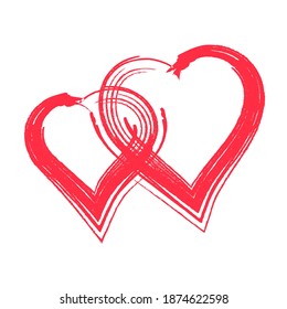 Forma de dos corazones. Amor. Fondo del día de San Valentín. Icono web, símbolo, signo. Romántica invitación a la boda. Ilustración de dibujo de pincel rojo aislada en blanco.